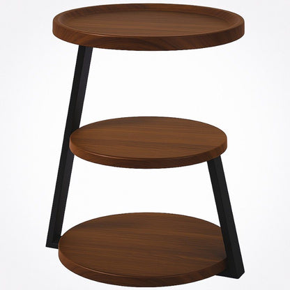 Ronde bijzettafel met 3 niveaus, bruine houtlook bladen en zwart metalen frame