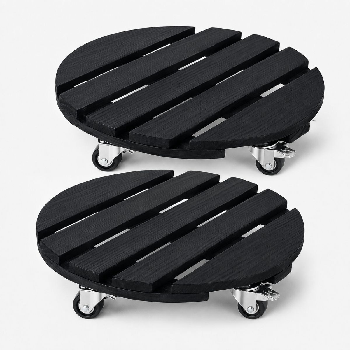 Twee ronde zwarte plantentrolleys van 30 cm met zwenkwielen