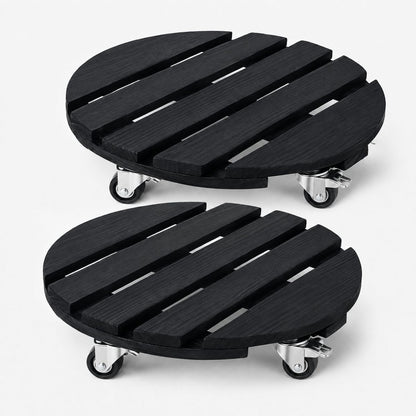 Twee ronde zwarte plantentrolleys van 30 cm met zwenkwielen