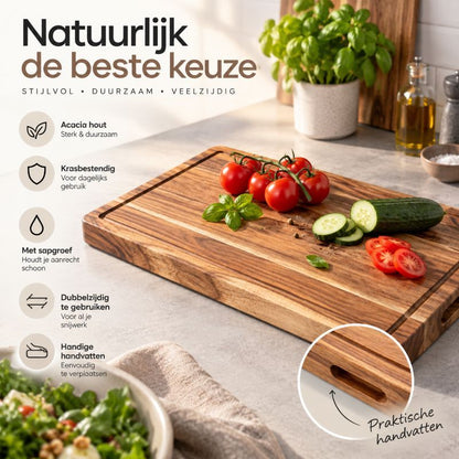 Acacia houten snijplank met geïntegreerde handvatten