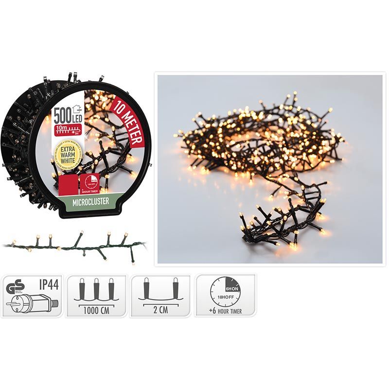 Kerstverlichting met haspel en 500 extra warm witte leds over 10 meter, met timer