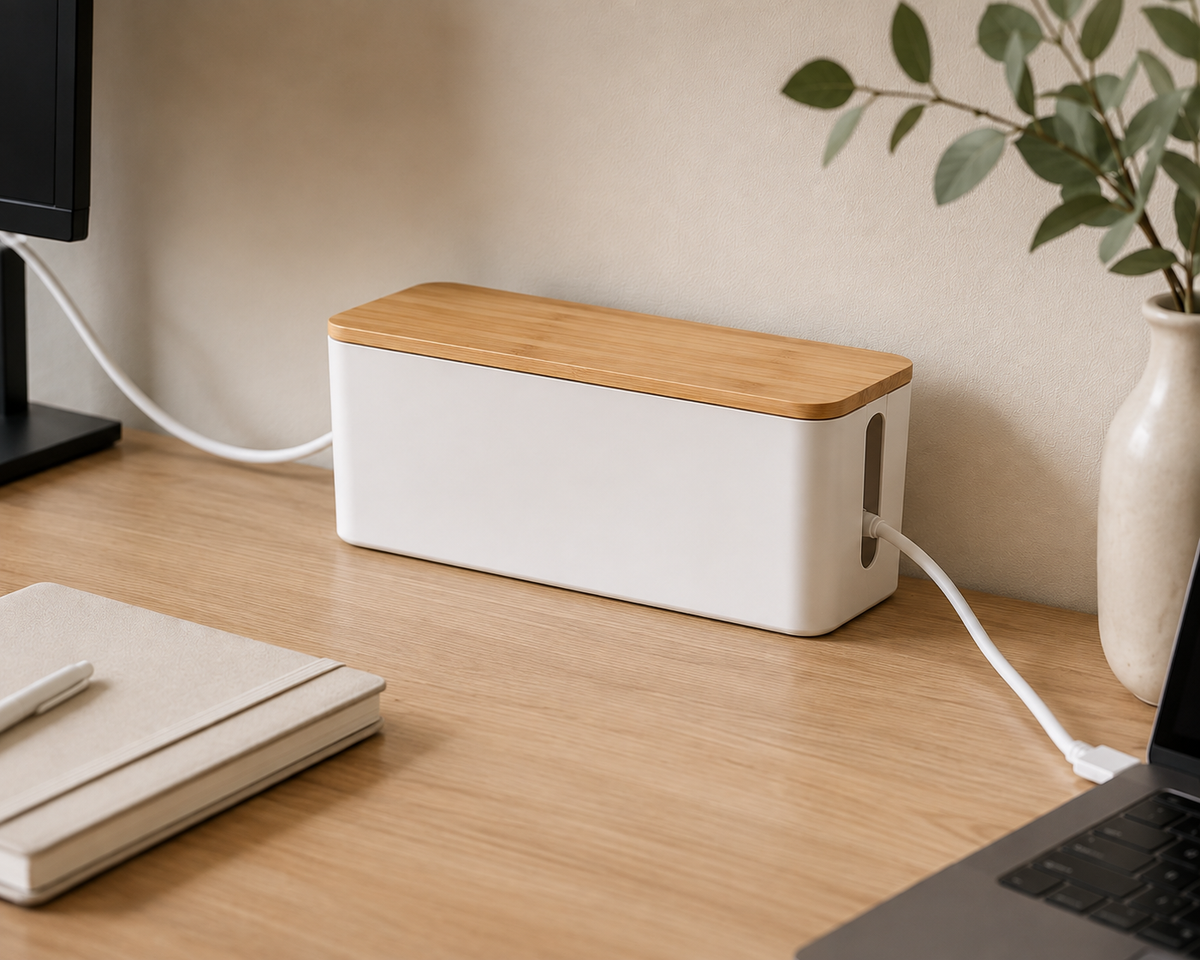 Kabelbox 3-Delig — Wit | Kunststof met Bamboe Deksel
