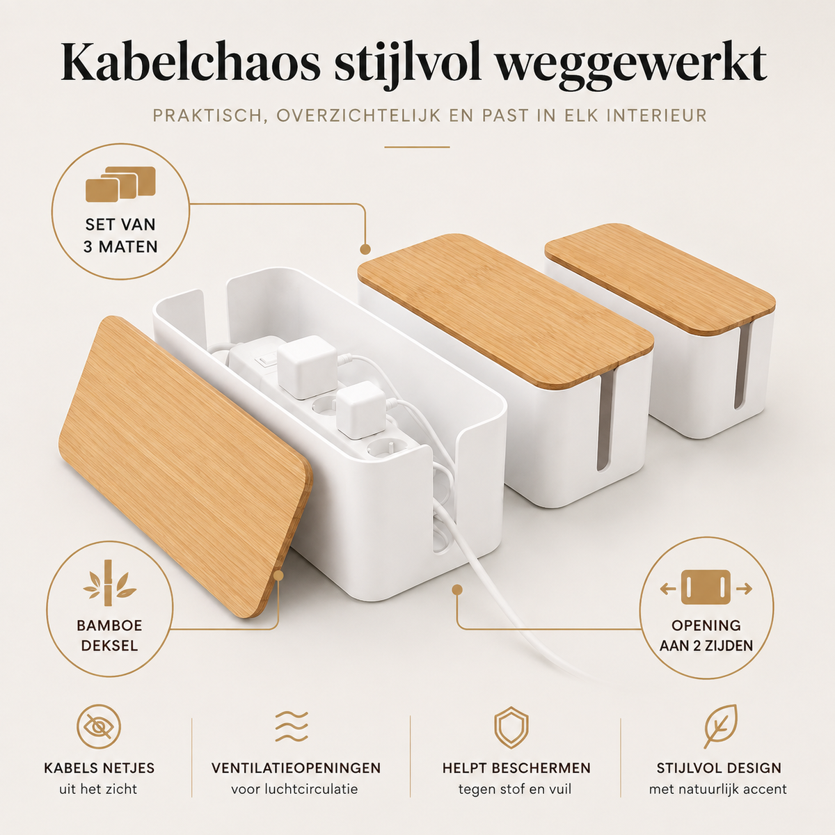 Kabelbox 3-Delig — Wit | Kunststof met Bamboe Deksel