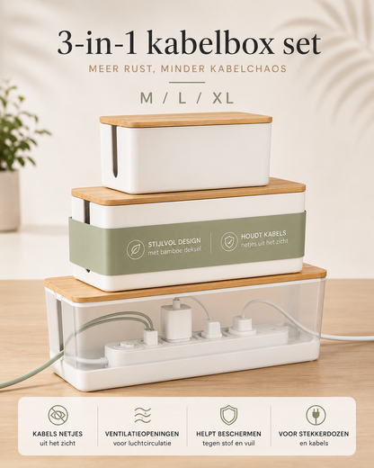 Kabelbox 3-Delig — Wit | Kunststof met Bamboe Deksel