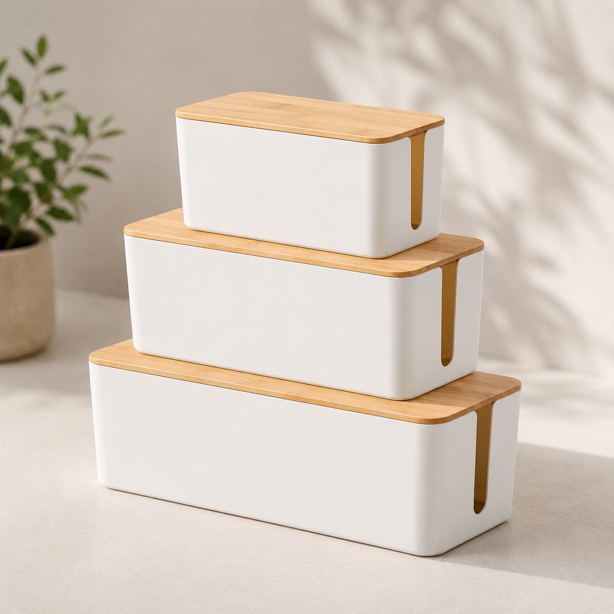 Kabelbox 3-Delig — Wit | Kunststof met Bamboe Deksel
