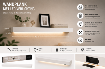 Wandplank "Lumina" Zwevende wandplank - Met LED Verlichting | Wit