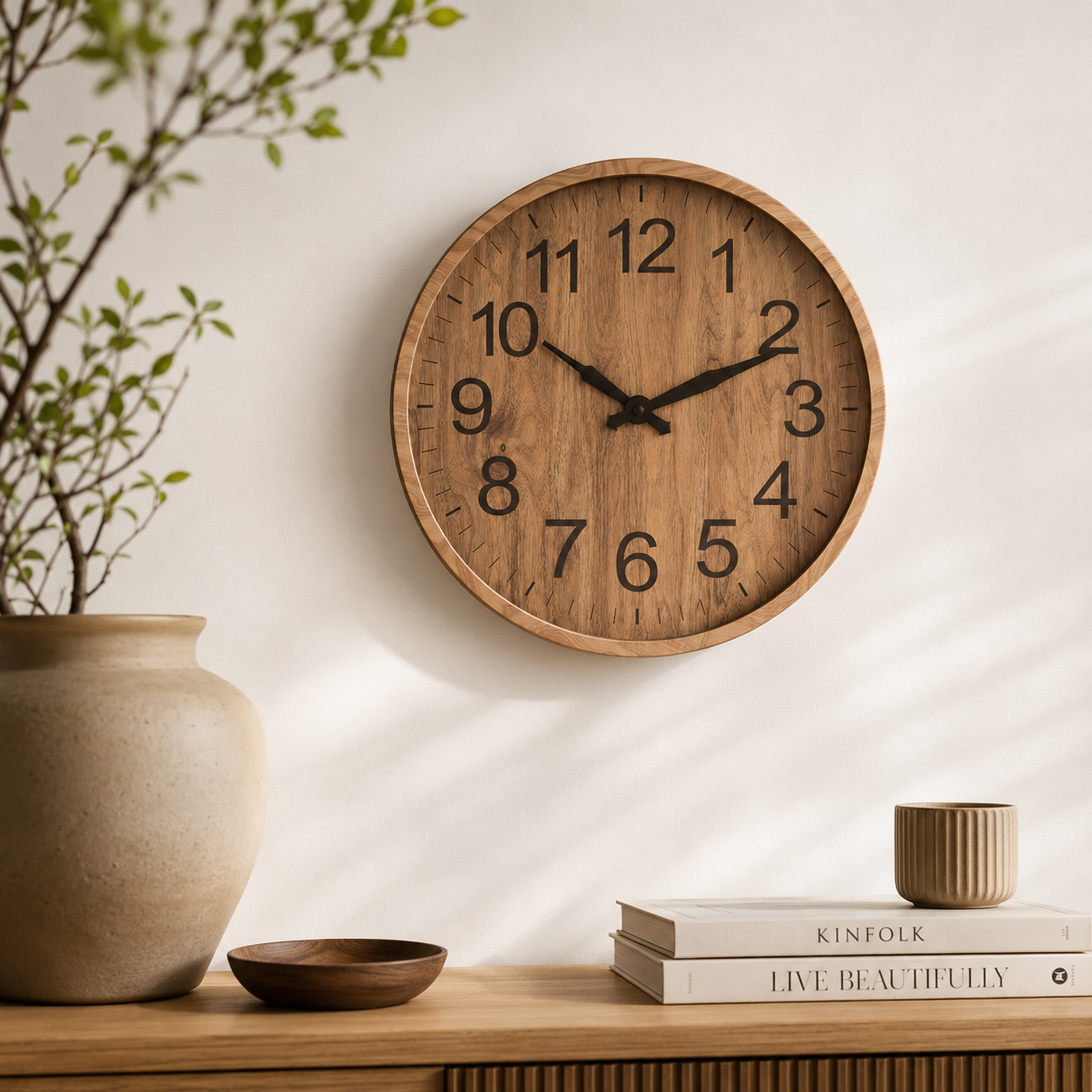 Ronde wandklok van 30 cm in lichtbruine houtlook