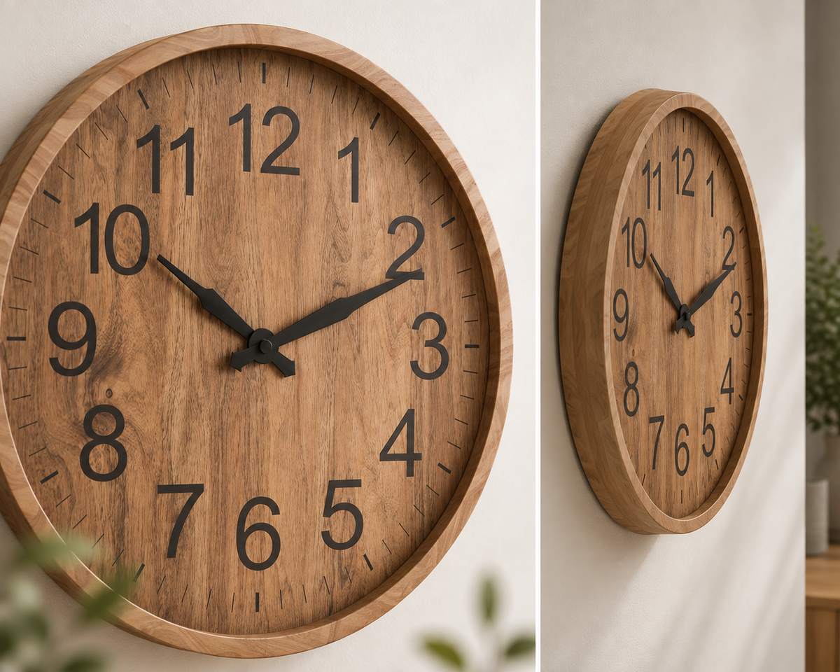 Wandklok houtlook aan een lichte muur