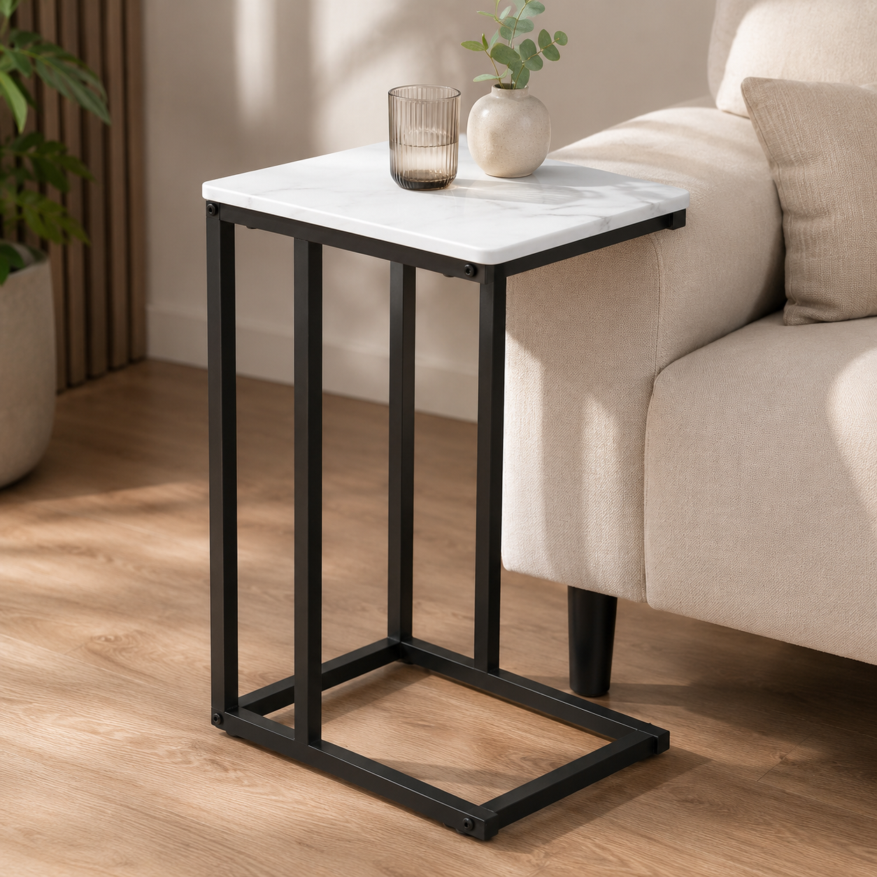 Bijzettafel Marmerlook Wit — Zwart Metalen Frame