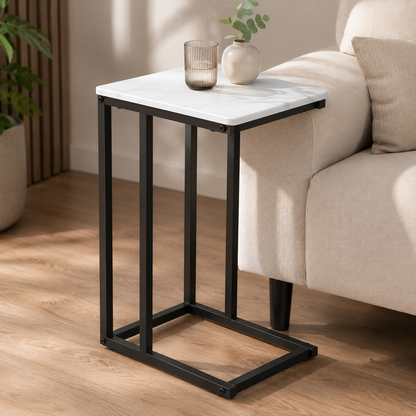 Bijzettafel Marmerlook Wit — Zwart Metalen Frame