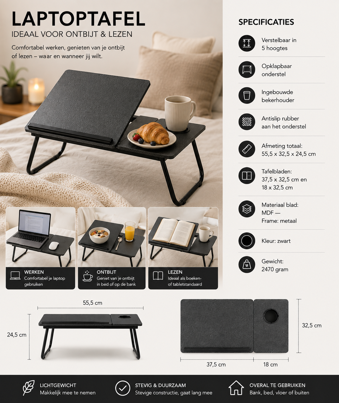 Bedtafel Verstelbaar Zwart — Laptop-, Ontbijt- & Boekentafel — afbeelding 4