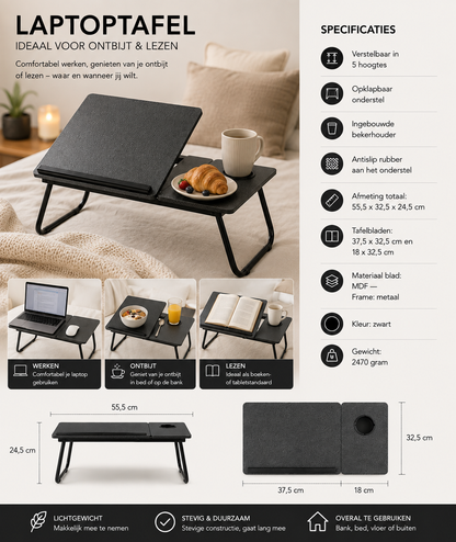 Bedtafel Verstelbaar Zwart — Laptop-, Ontbijt- & Boekentafel — afbeelding 4