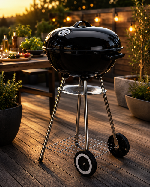 Houtskoolbarbecue op wielen 46 cm kogelbarbecue zwart met deksel