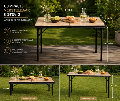 Campingtafel 90x60 cm — In Hoogte Verstelbaar | Inklapbaar | Lichtgewicht