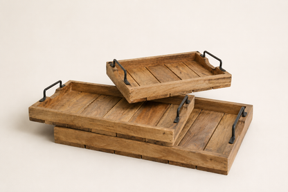 Dienbladen Mangohout — Set van 3 | Massief Hout met Handgrepen | 38, 45 & 57 cm