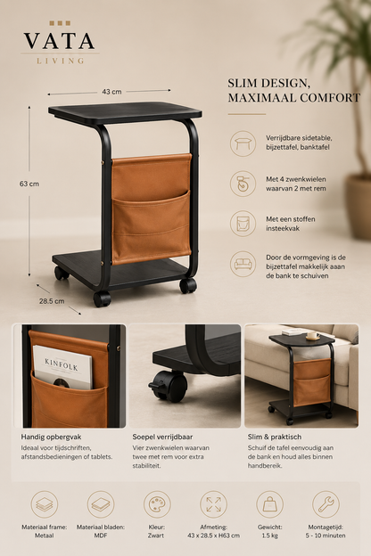 Banktafel "Glide Pro" — Verrijdbaar | Mat Zwart 43×28,5×63 cm