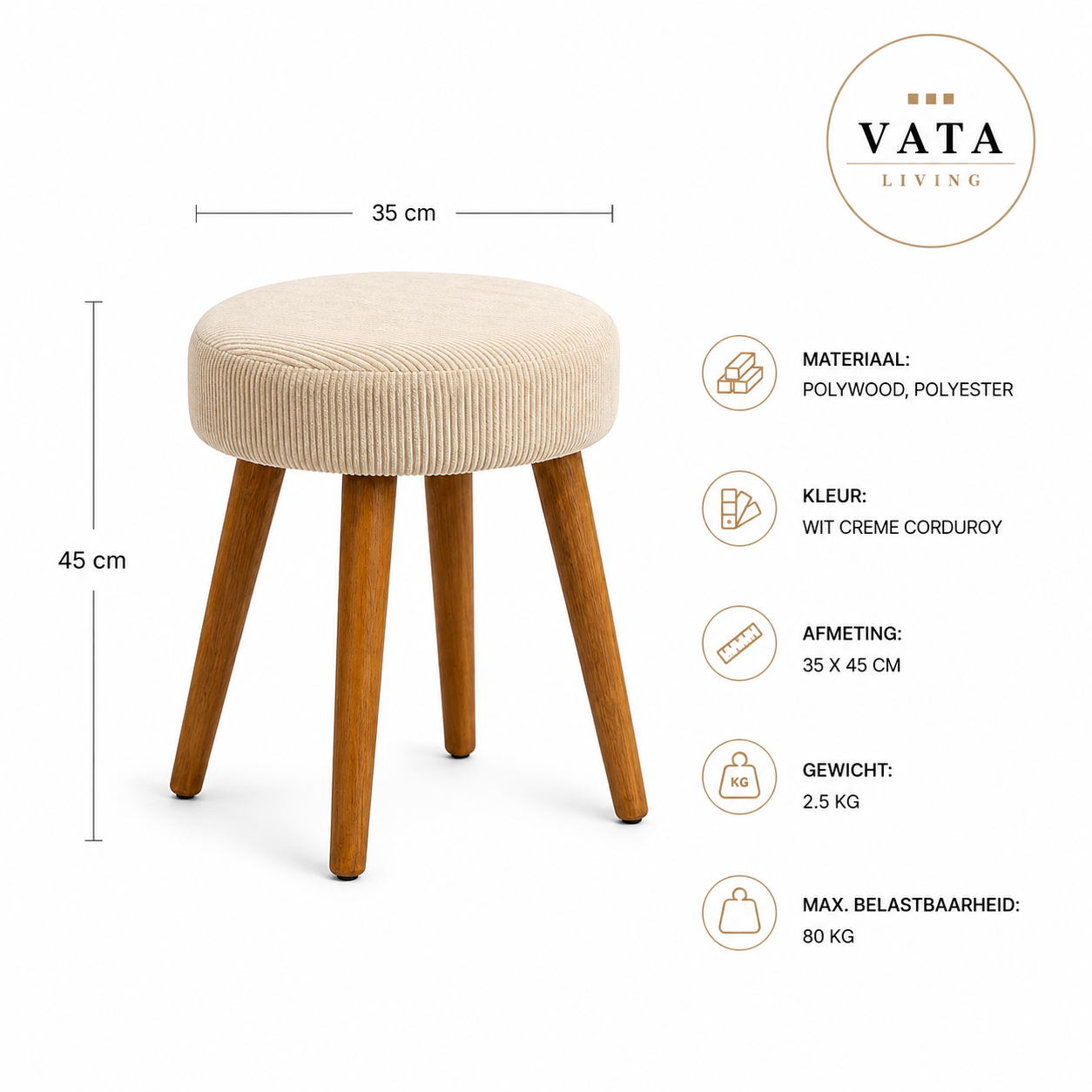 Bijzetkrukje "Crème" — Stijlvol & Veelzijdig | 45 cm