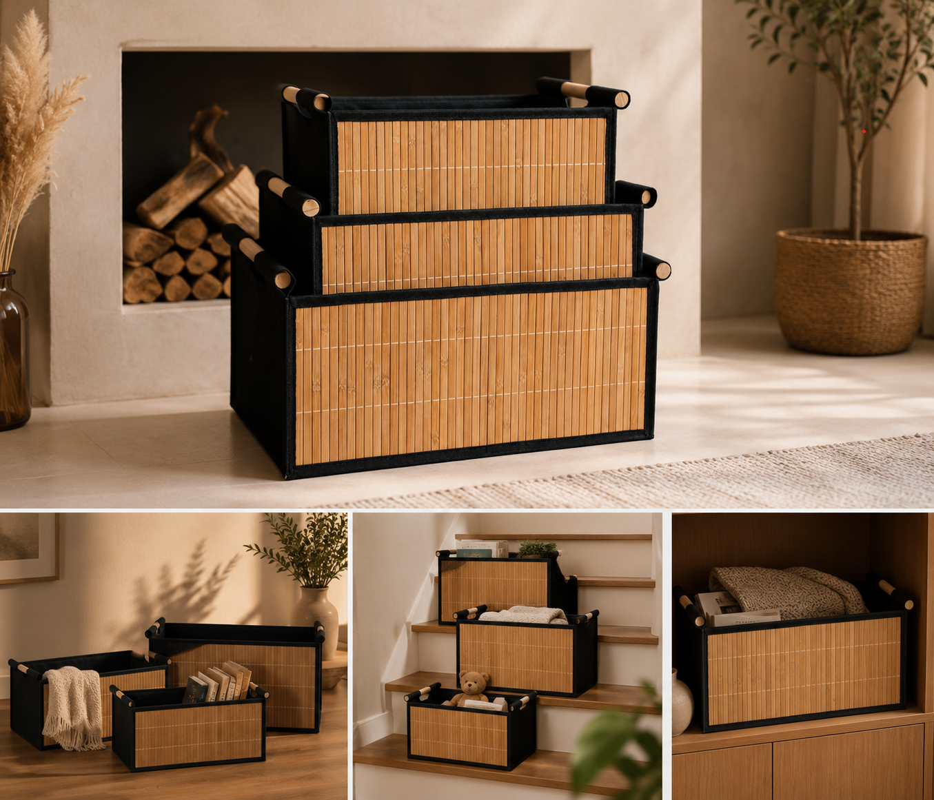 Bamboe Opbergmanden Set van 3 — Stapelbaar met Houten Handvatten | Natuurlijke Badkamer Organizer