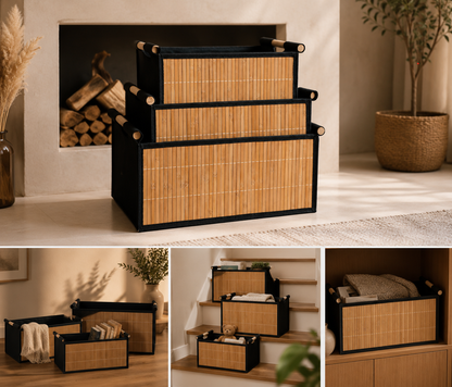 Bamboe Opbergmanden Set van 3 — Stapelbaar met Houten Handvatten | Natuurlijke Badkamer Organizer