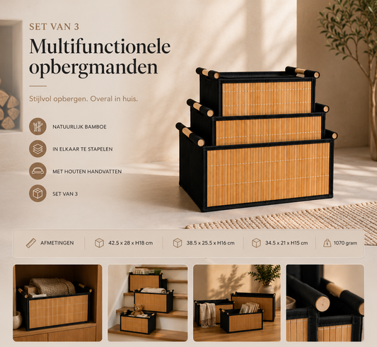 Bamboe Opbergmanden Set van 3 — Stapelbaar met Houten Handvatten | Natuurlijke Badkamer Organizer