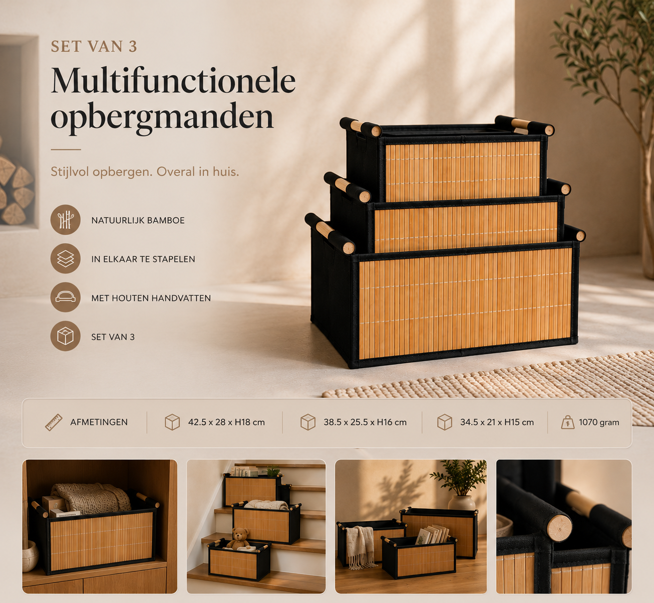 Bamboe Opbergmanden Set van 3 — Stapelbaar met Houten Handvatten | Natuurlijke Badkamer Organizer