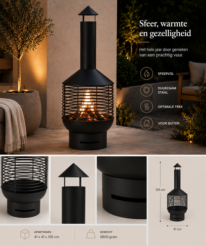 Sfeerhaard Evora 105 cm — Stijlvolle Zwarte Terrashaard met Schoorsteen | VATA Living