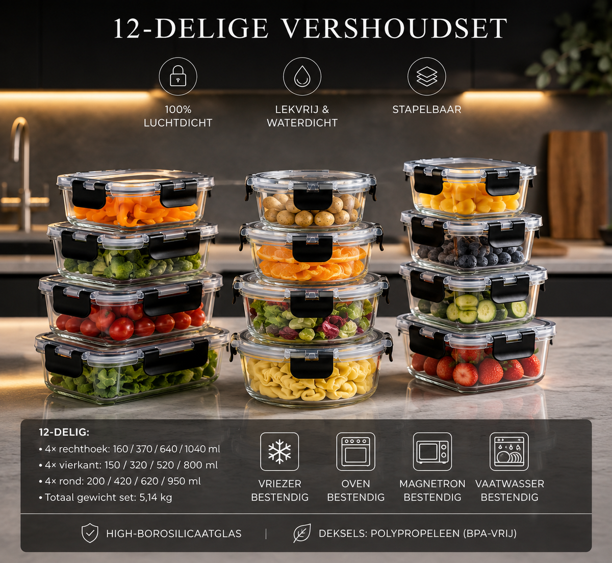 Vershoudbakjes Glas — Set van 12 Meal Prep Bakjes — afbeelding 2