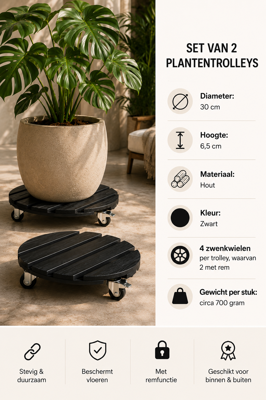 Plantentrolley Set van 2 — Rond 30 cm met Wielen — afbeelding 2