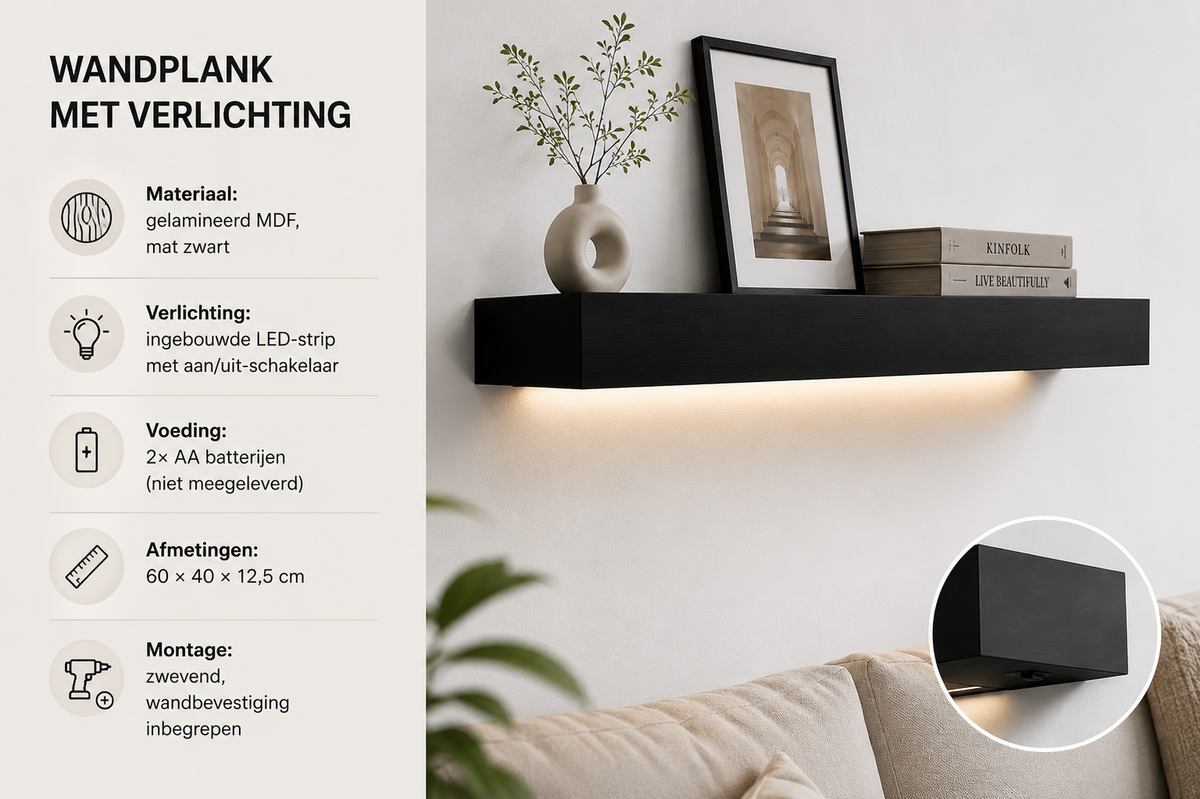 Wandplank "Lumina" — LED Verlichting Mat Zwart — afbeelding 2