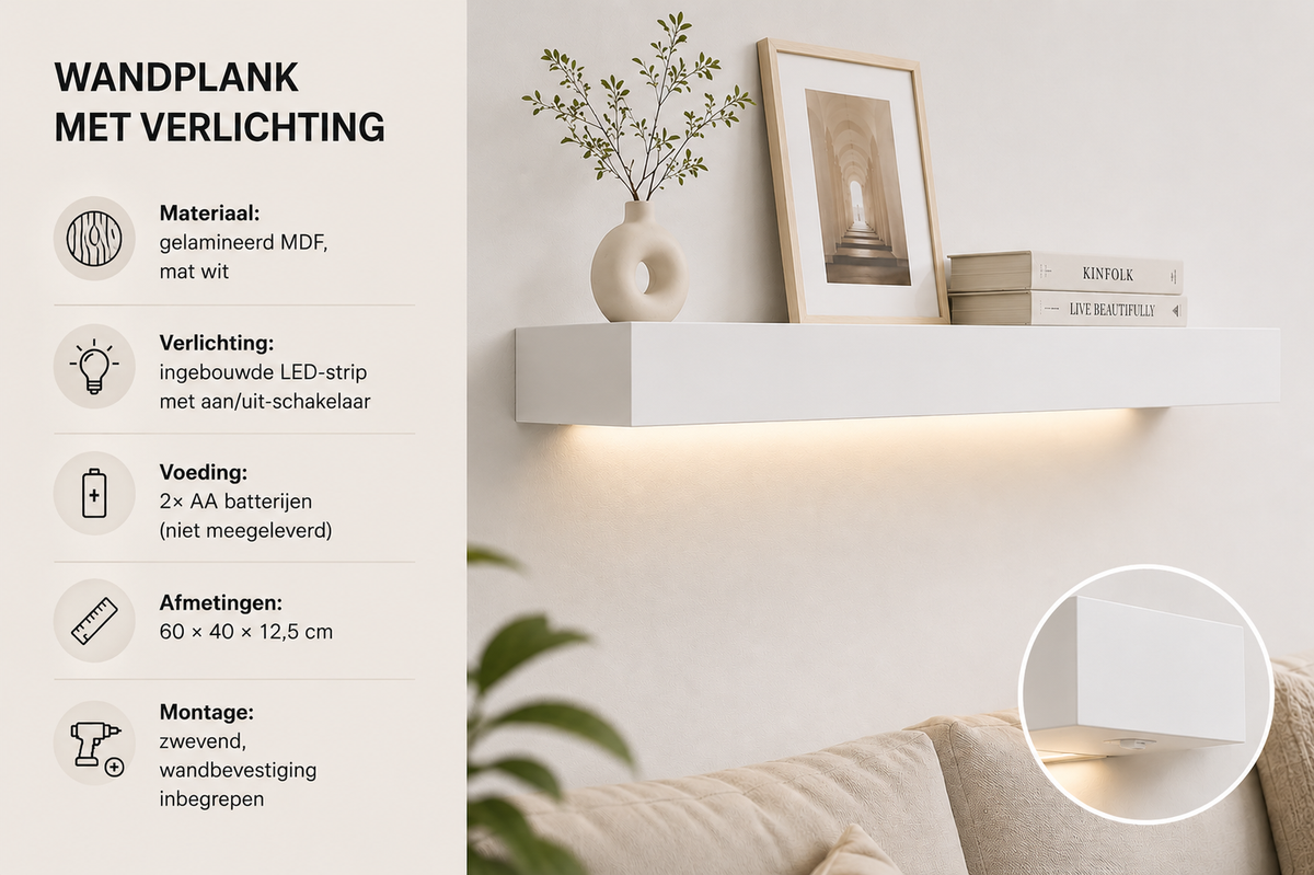 Wandplank "Lumina" — LED Verlichting Wit — afbeelding 3