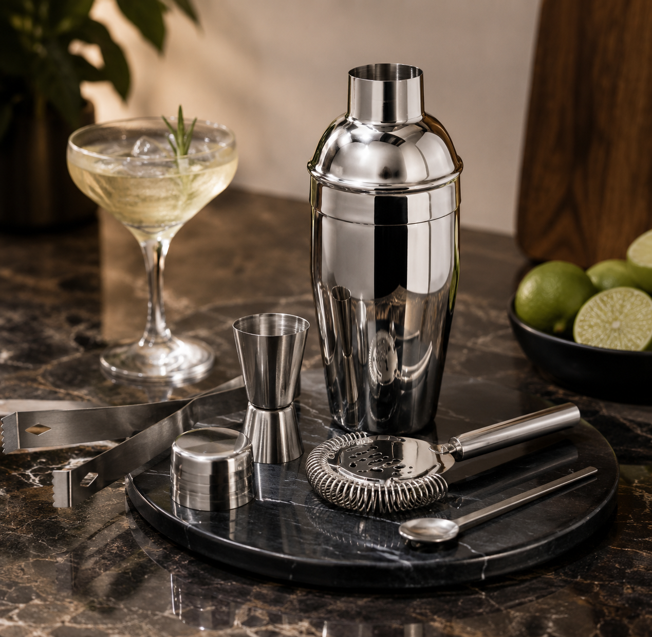 Cocktailset RVS 5-Delig — Shaker, Lepel, Klopper, Maatbeker & IJstang