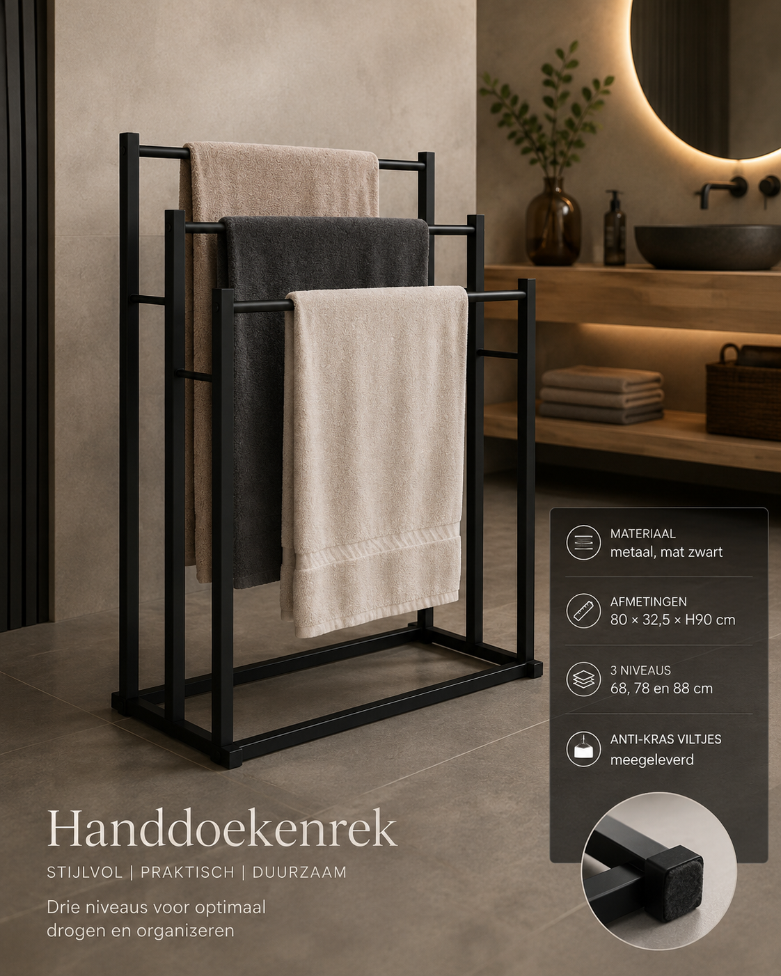 Handdoekrek extra breed 80 cm, mat zwart, 3 niveaus