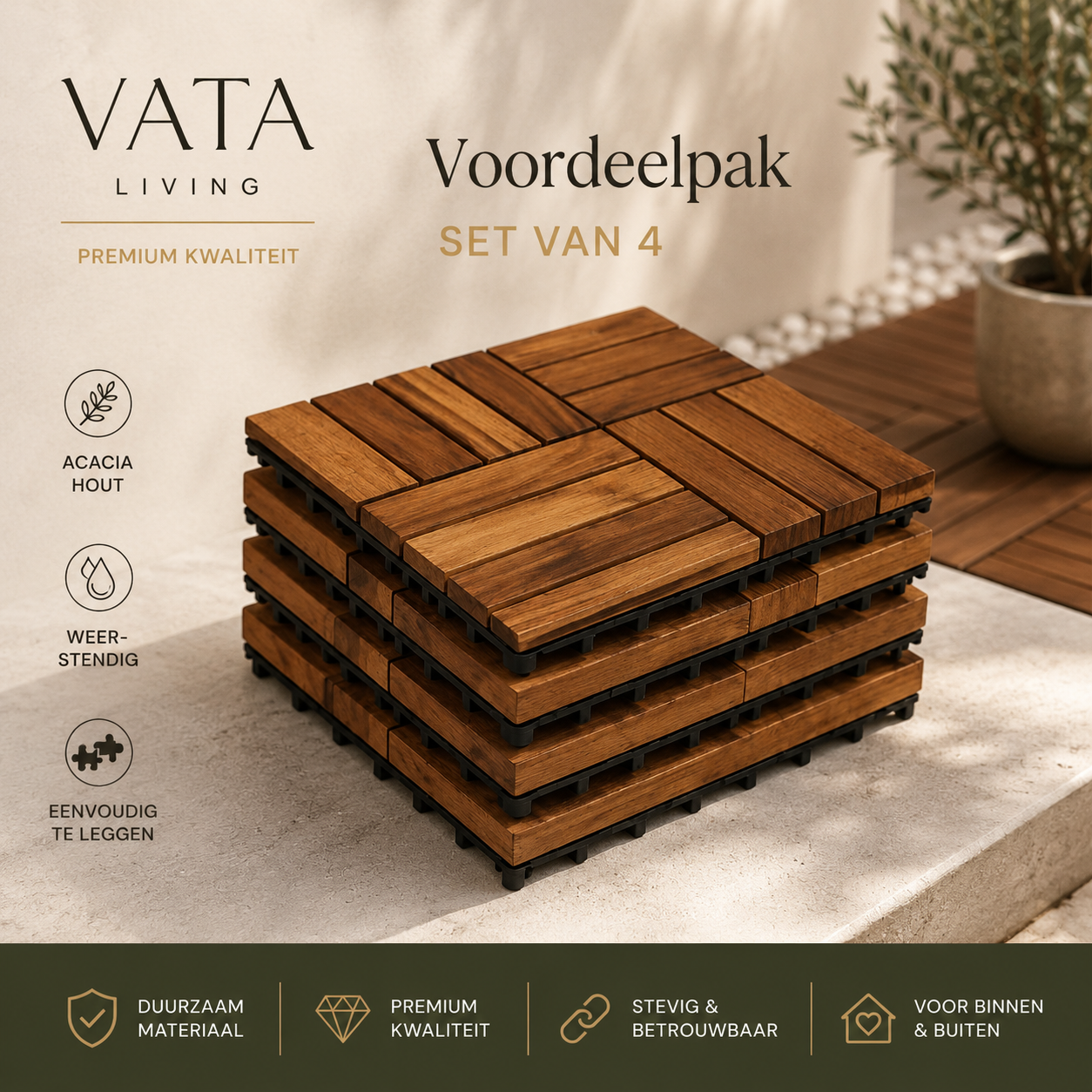 Terrastegels Acacia Hardhout 30x30 cm – Set van 4 Kliktegels (0,36 m²) voor Balkon, Terras & Tuin