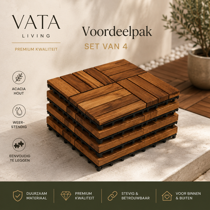 Terrastegels Acacia Hardhout 30x30 cm – Set van 4 Kliktegels (0,36 m²) voor Balkon, Terras & Tuin
