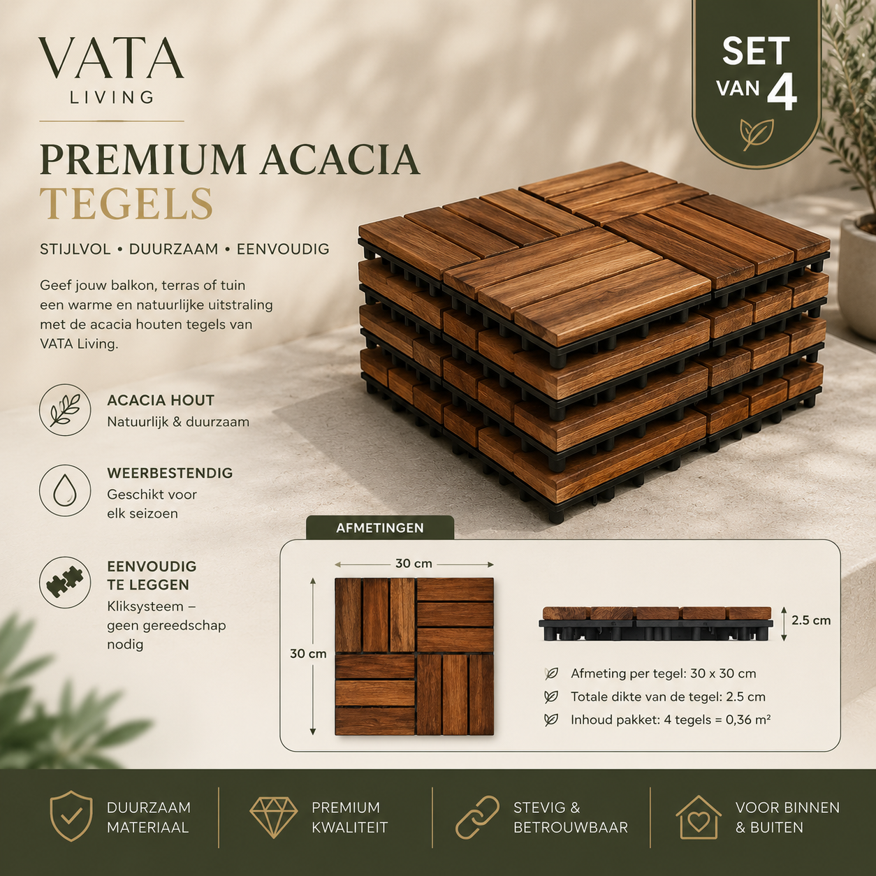 Terrastegels Acacia Hardhout 30x30 cm – Set van 4 Kliktegels (0,36 m²) voor Balkon, Terras & Tuin
