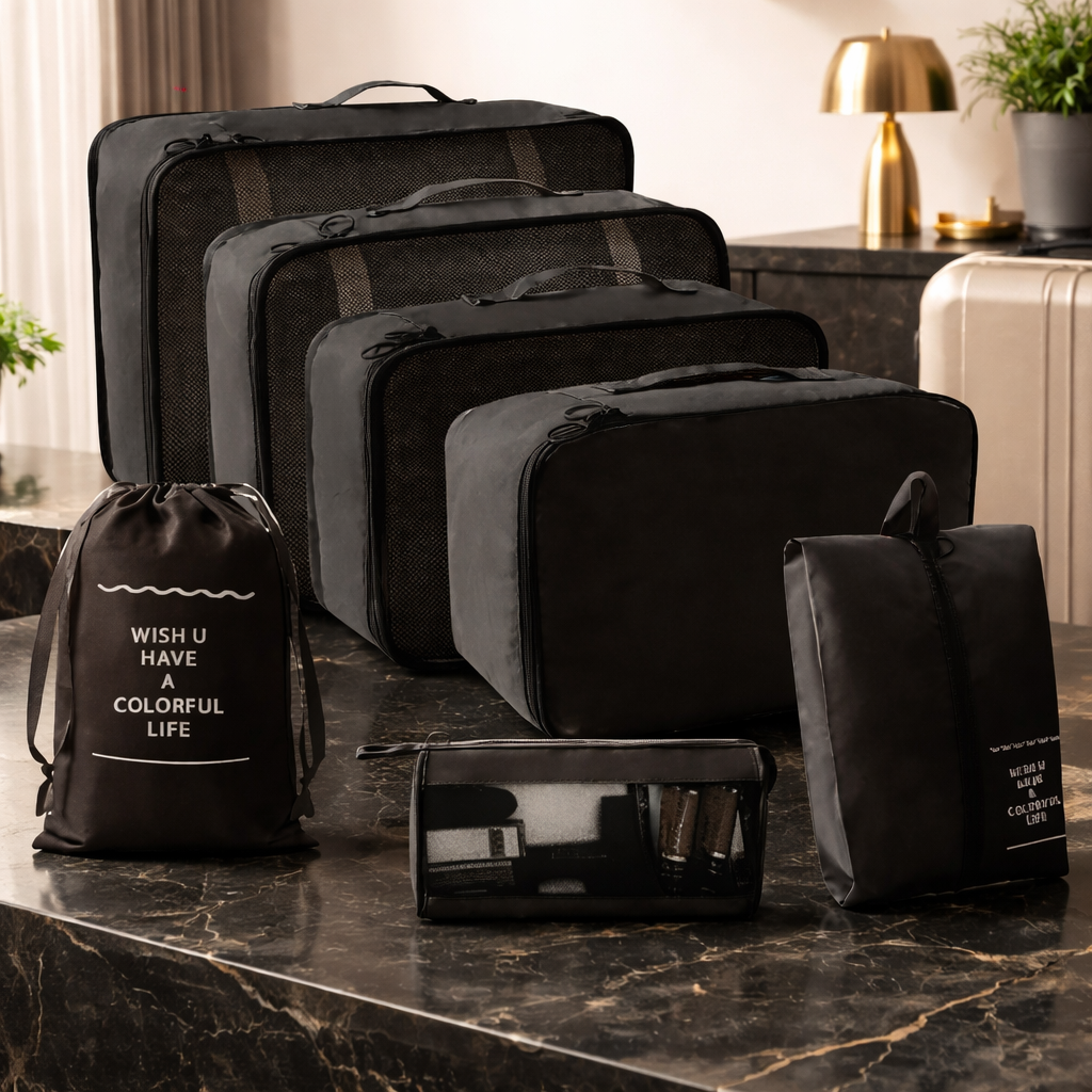 Reisorganizer packing cubes set van 8 zwart polyester koffer zakken