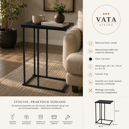 Banktafel mat zwart 40 × 26 × 58 cm — schuift moeiteloos onder je bank