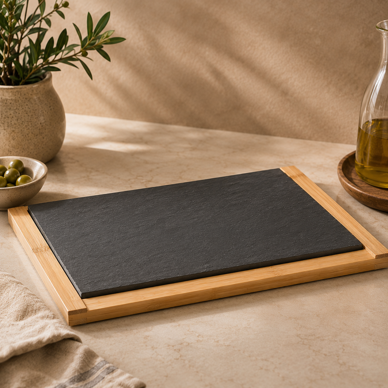 Snijplank "Slate Pro" — Leisteen met Bamboe Houder | Bergner Masterpro