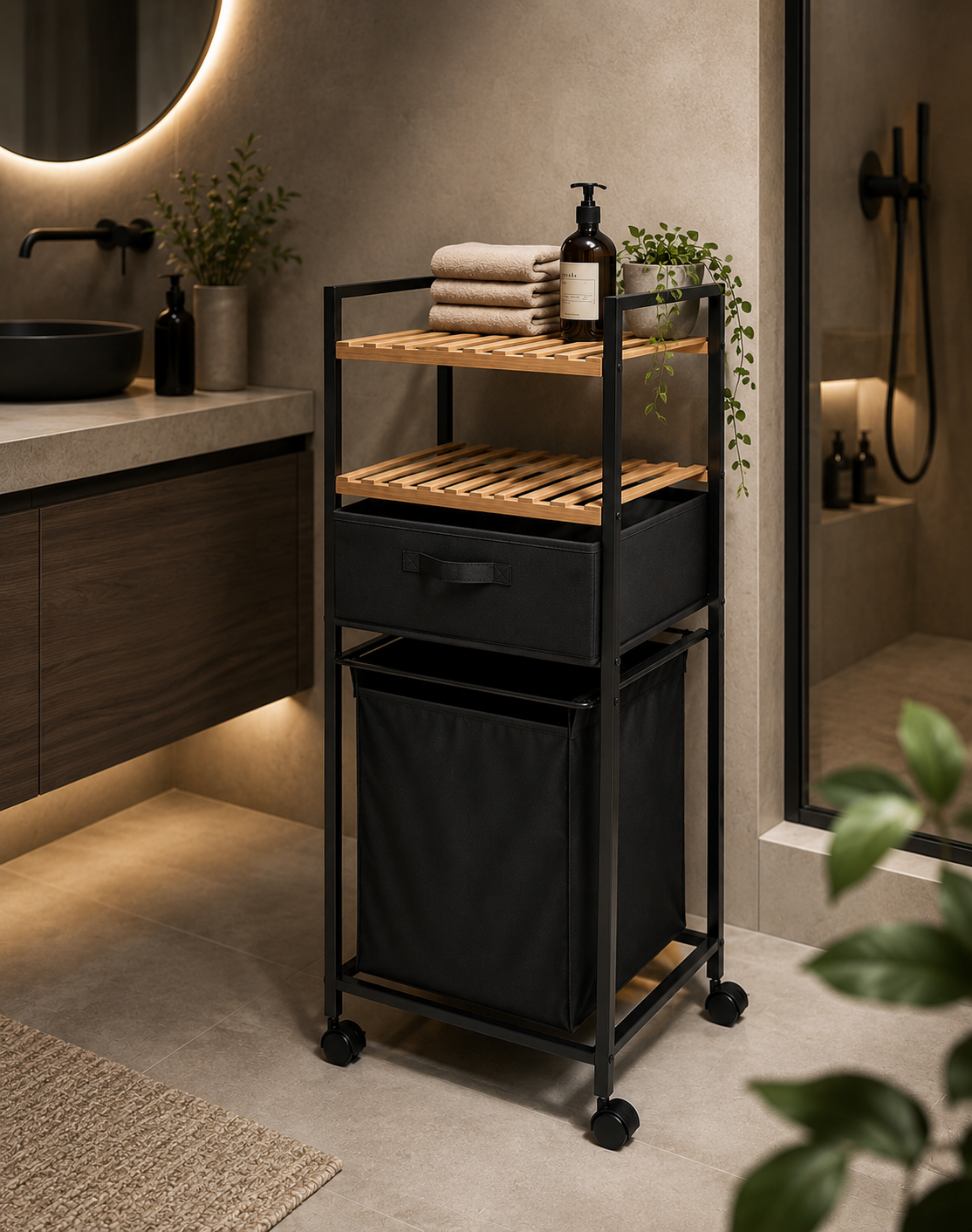 Badkamerrek "Bamboo Spa" — Verrijdbaar | Wasmand & 2 Bamboe Planken