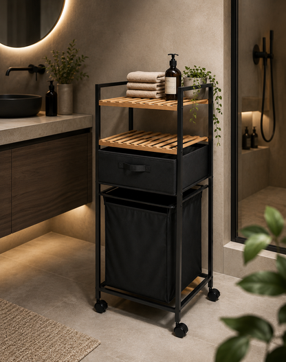 Badkamerrek "Bamboo Spa" — Verrijdbaar | Wasmand & 2 Bamboe Planken