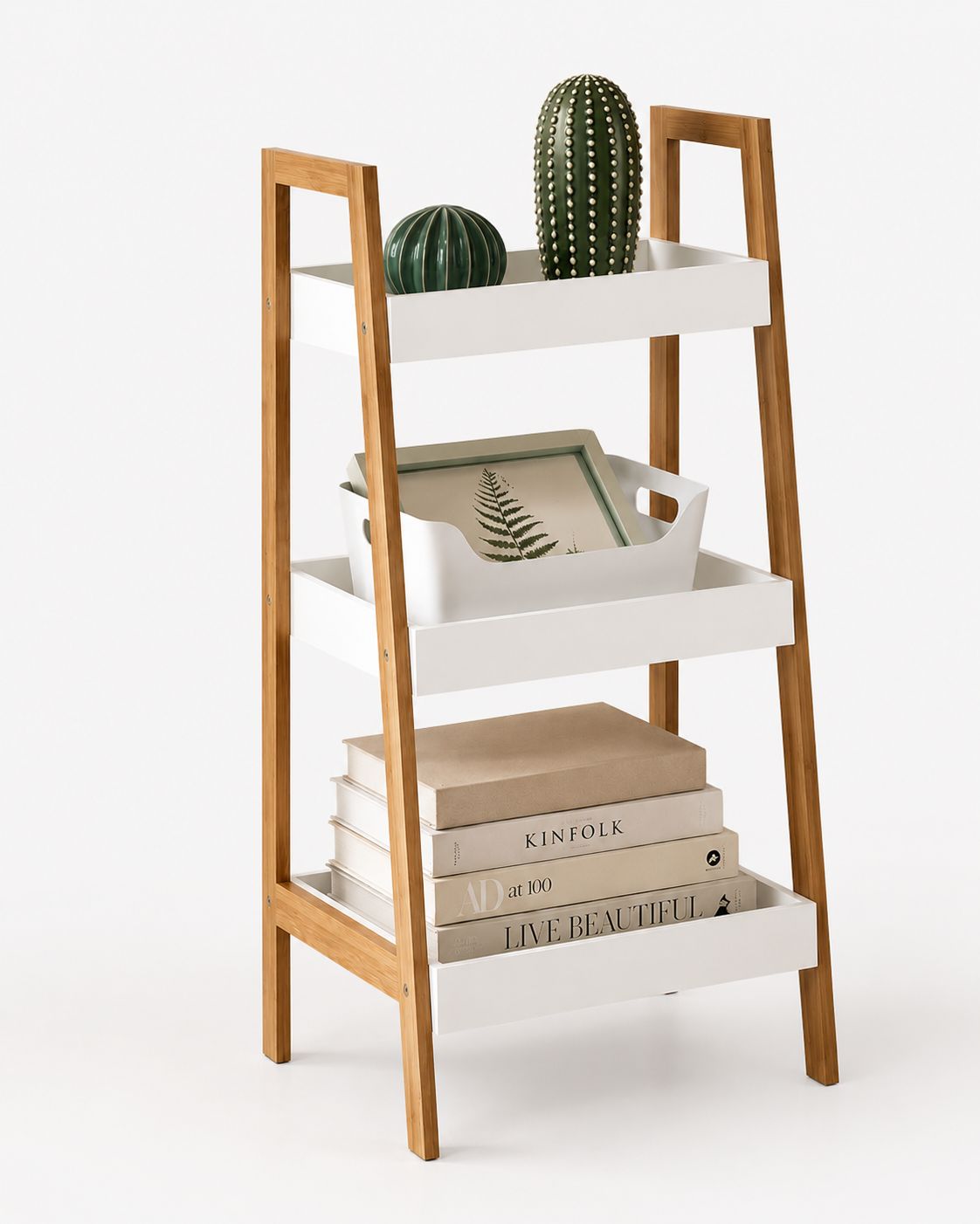 Wandrek "Bamboo Step" — Schuin Trapdesign | 3 Witte Schappen | 75 cm