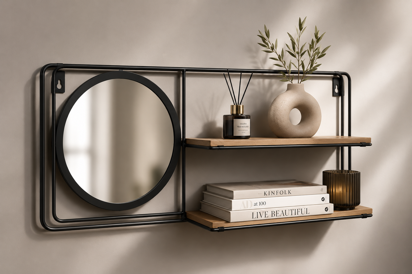 Wandrek "Mirror & Shelf" — Spiegel met 2 Planken | Modern Design