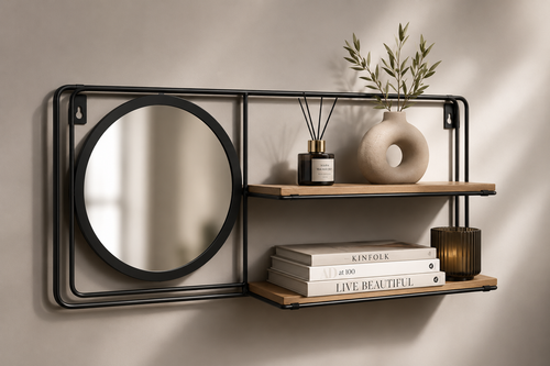 Wandrek met spiegel en 2 planken modern design zwart metaal