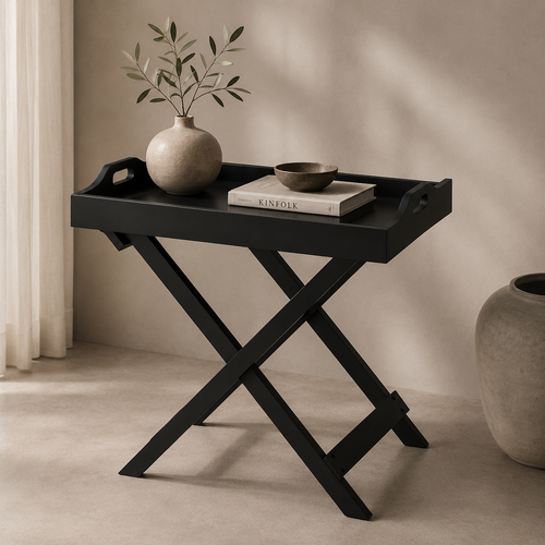 Inklapbare butlertray mat zwart afneembaar dienblad 55 x 36 x 60 cm