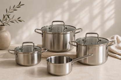 Pannenset "Cucina" — 7-Delig RVS | 4 Pannen + 3 Deksels | Alle Warmtebronnen incl. Inductie