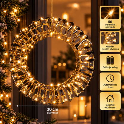 Verlichte kerstkrans goud – 30 cm, 50 LED