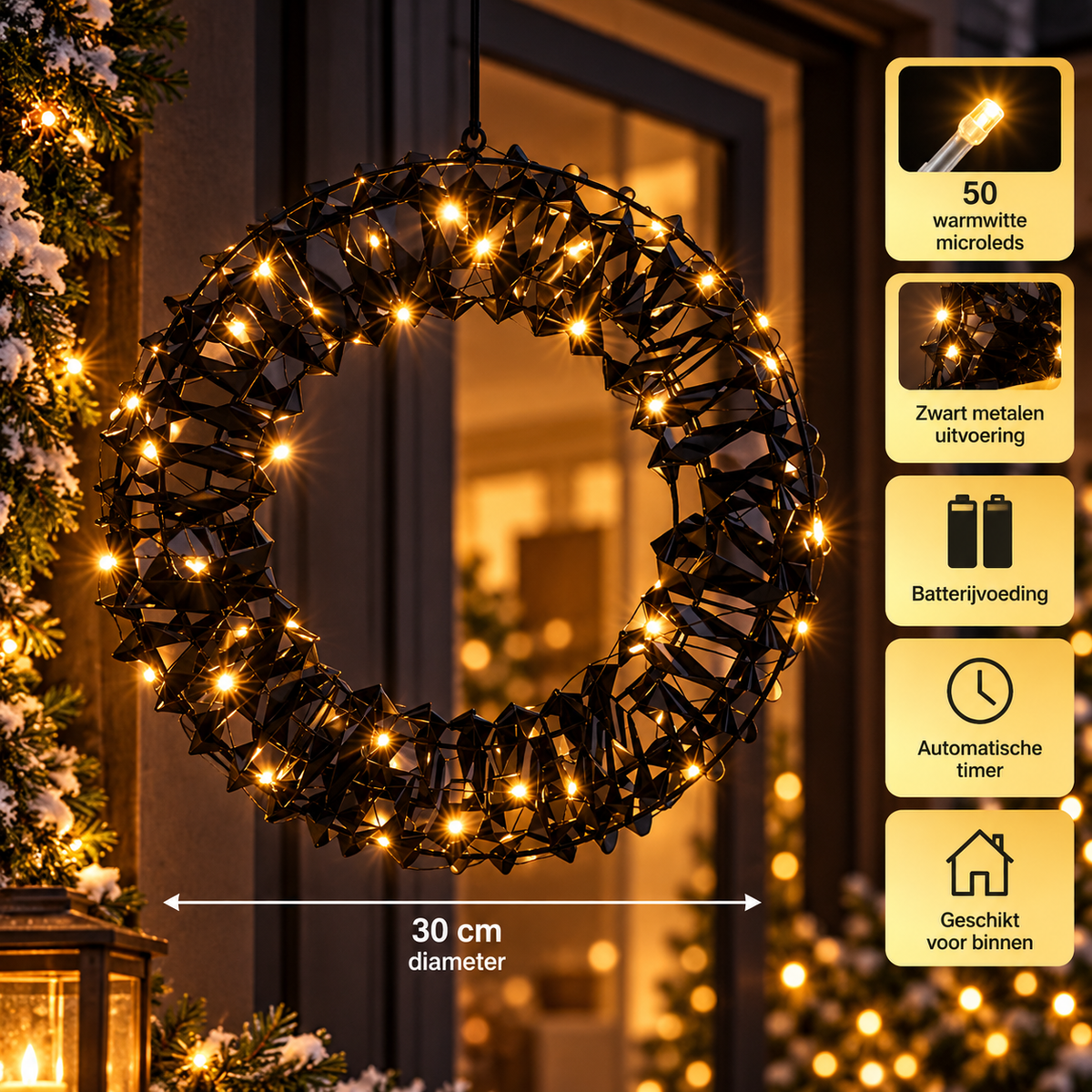 Verlichte kerstkrans zwart – 30 cm, 50 LED