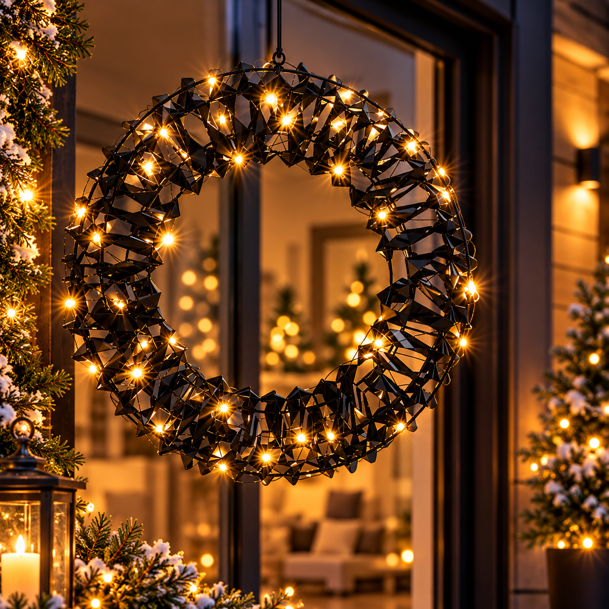 Verlichte kerstkrans zwart – 30 cm, 50 LED