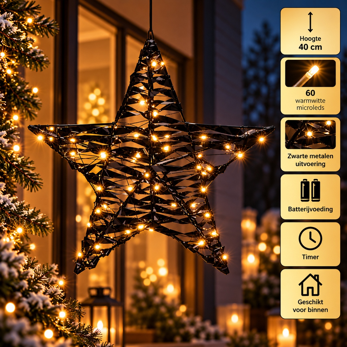 Verlichte kerstster zwart – 40 cm, 60 LED