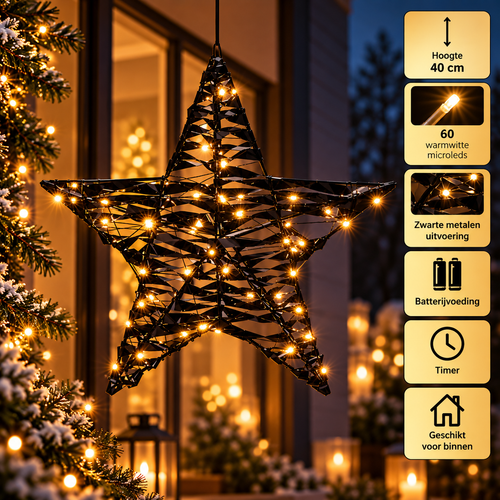 Verlichte kerstster zwart – 40 cm, 60 LED
